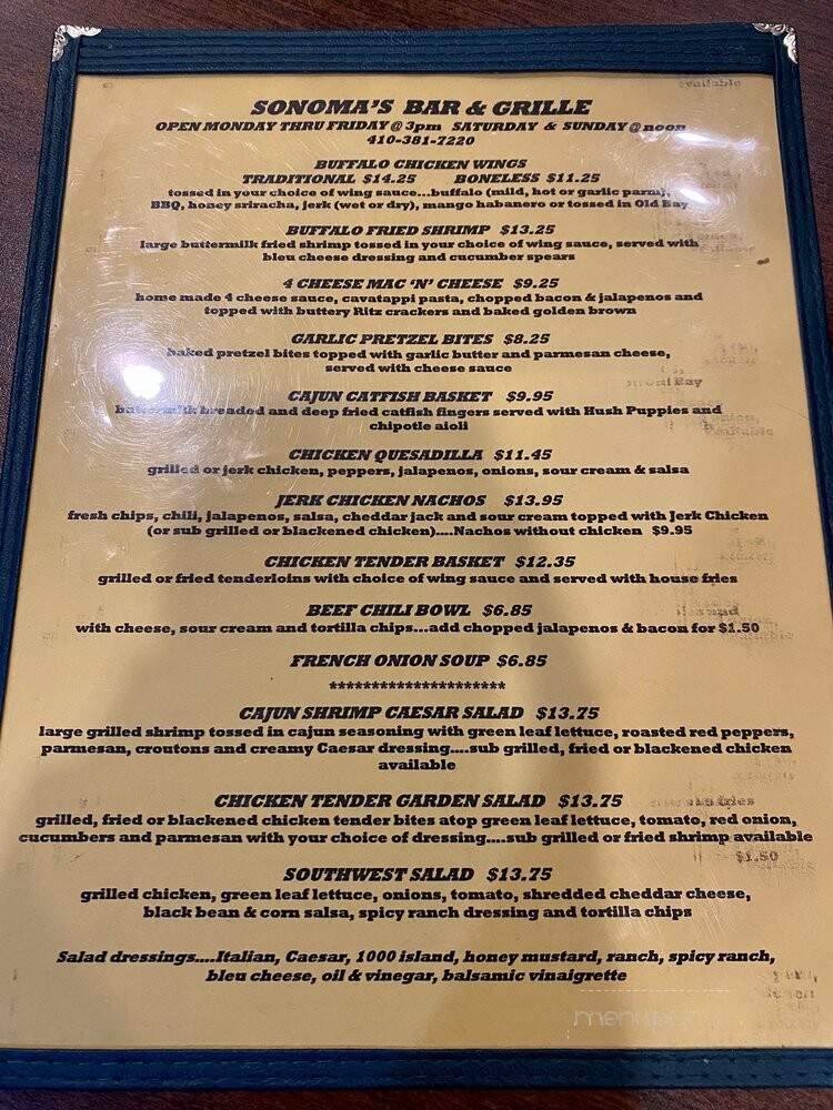 Sonoma's Bar & Grille - Columbia, MD menu_pic
