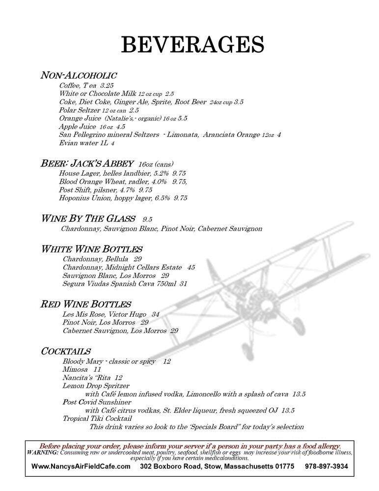 Air Field Cafe - Stow, MA menu_pic