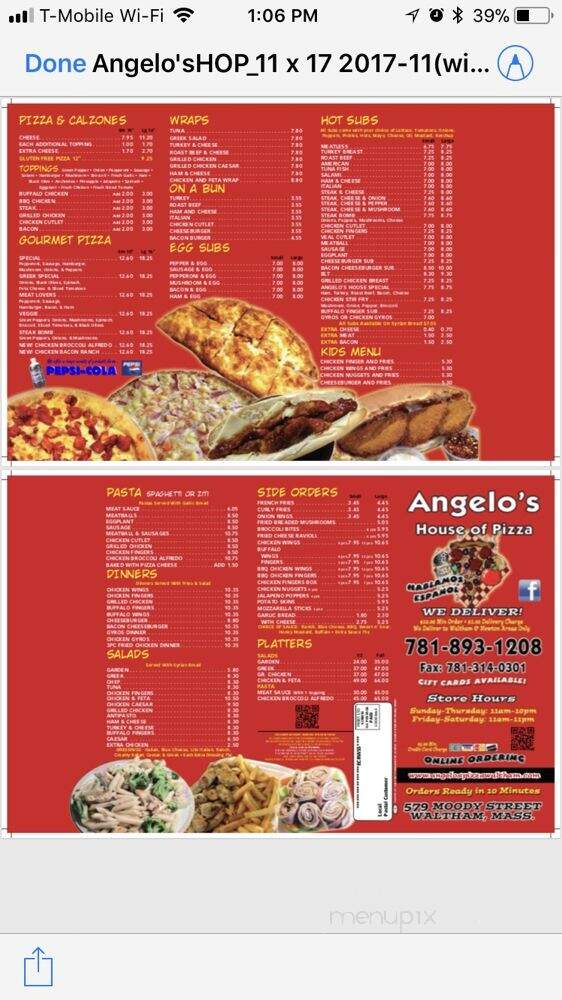 Angelos House Of Pizza - Waltham, MA menu_pic