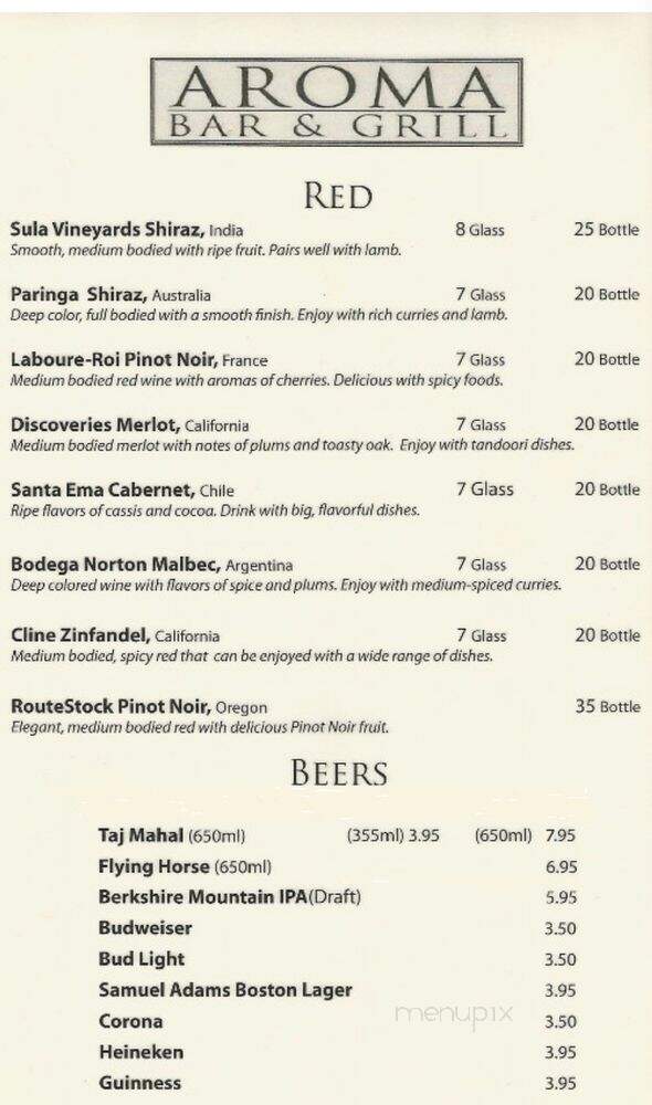 Aroma Bar & Grill - Great Barrington, MA menu_pic