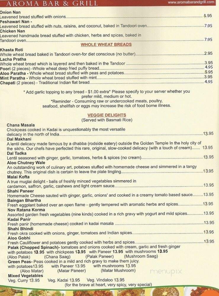 Aroma Bar & Grill - Great Barrington, MA menu_pic