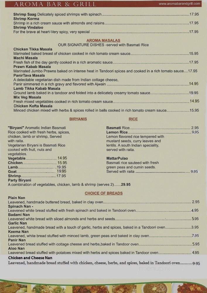 Aroma Bar & Grill - Great Barrington, MA menu_pic