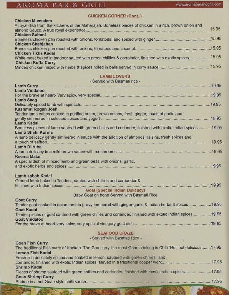 Aroma Bar & Grill - Great Barrington, MA menu_pic