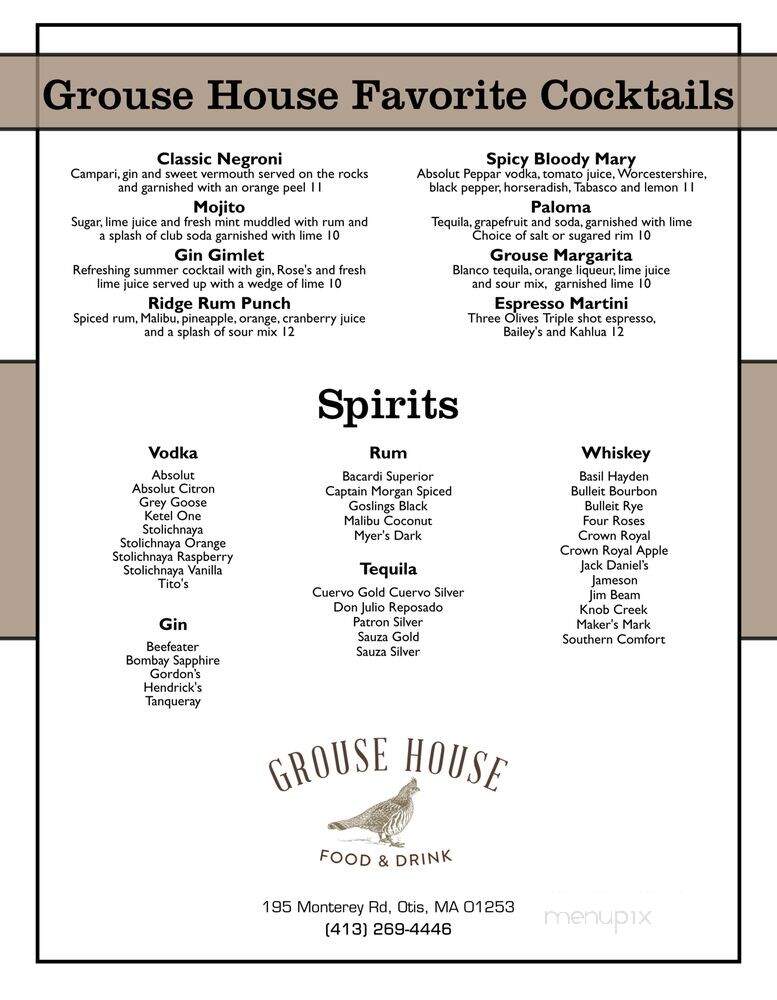 Grouse House Restaurant & Inn - Otis, MA menu_pic