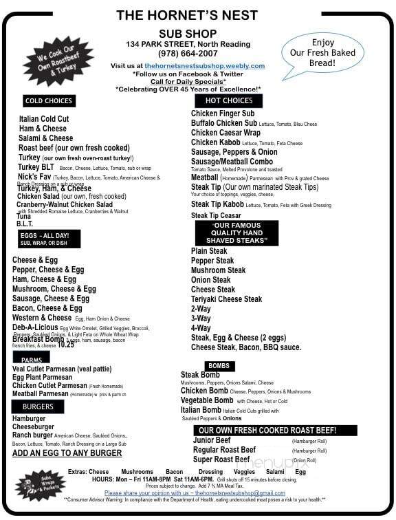 Hornet's Nest Sub Shop - North Reading, MA menu_pic