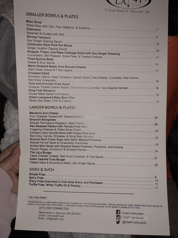 Lola 41 - Nantucket, MA menu_pic