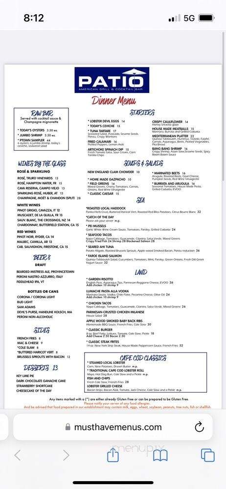 Patio Restaurant & Cocktail - Provincetown, MA menu_pic