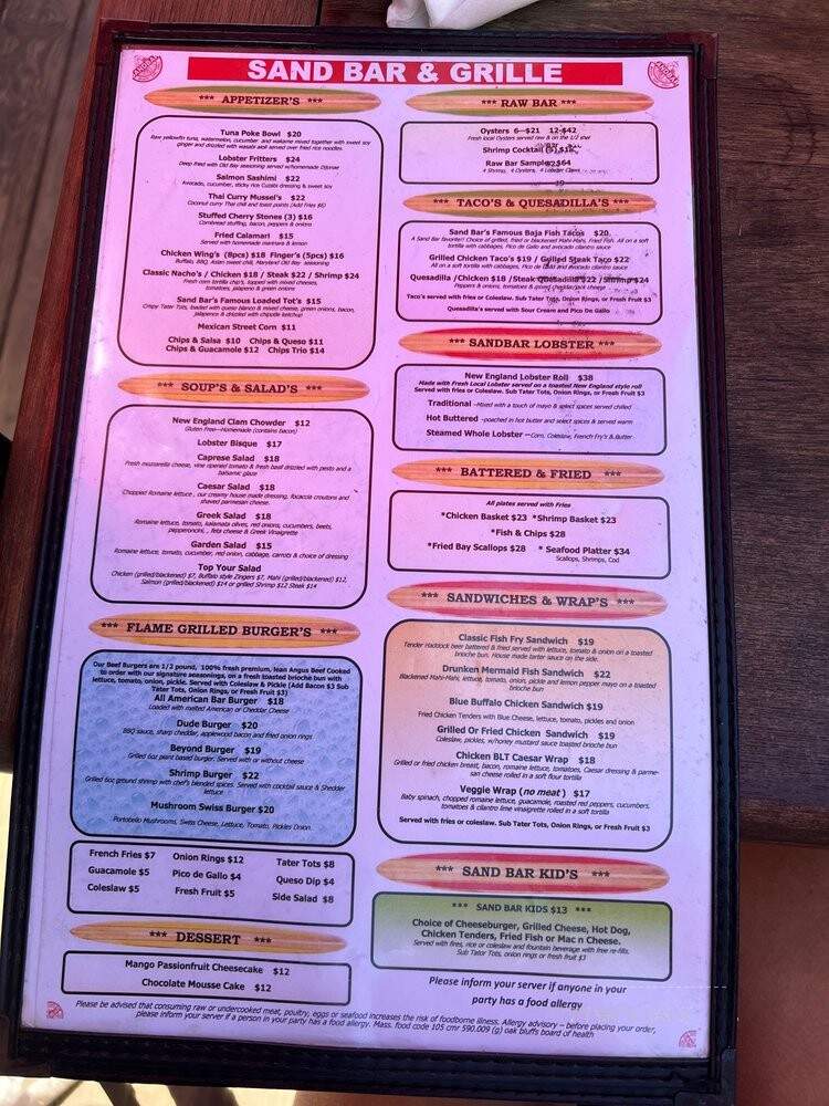 Sand Bar & Grill - Oak Bluffs, MA menu_pic