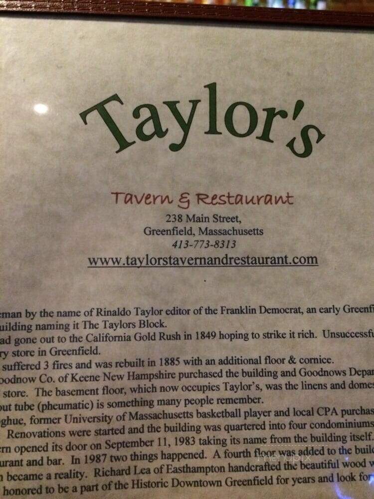 Taylor's Tavern - Greenfield, MA menu_pic