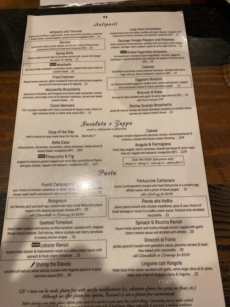 Toscana's Ristorante & Cafe - Peabody, MA menu_pic