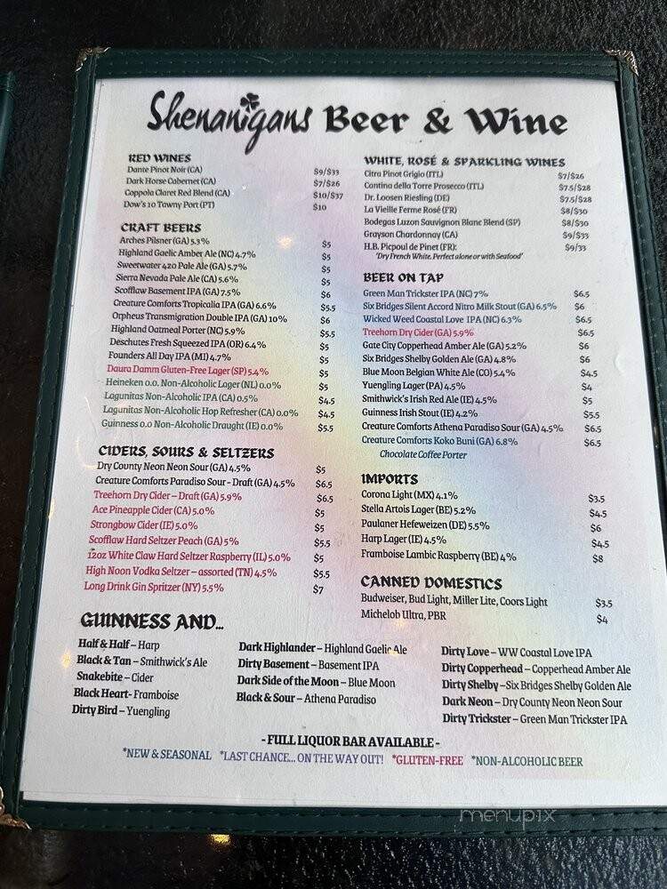 Shenanigan's - Dahlonega, GA menu_pic