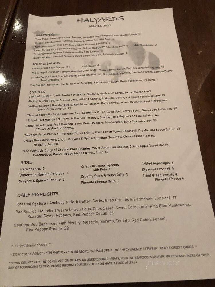 Halyards Restaurant - St Simons Island, GA menu_pic