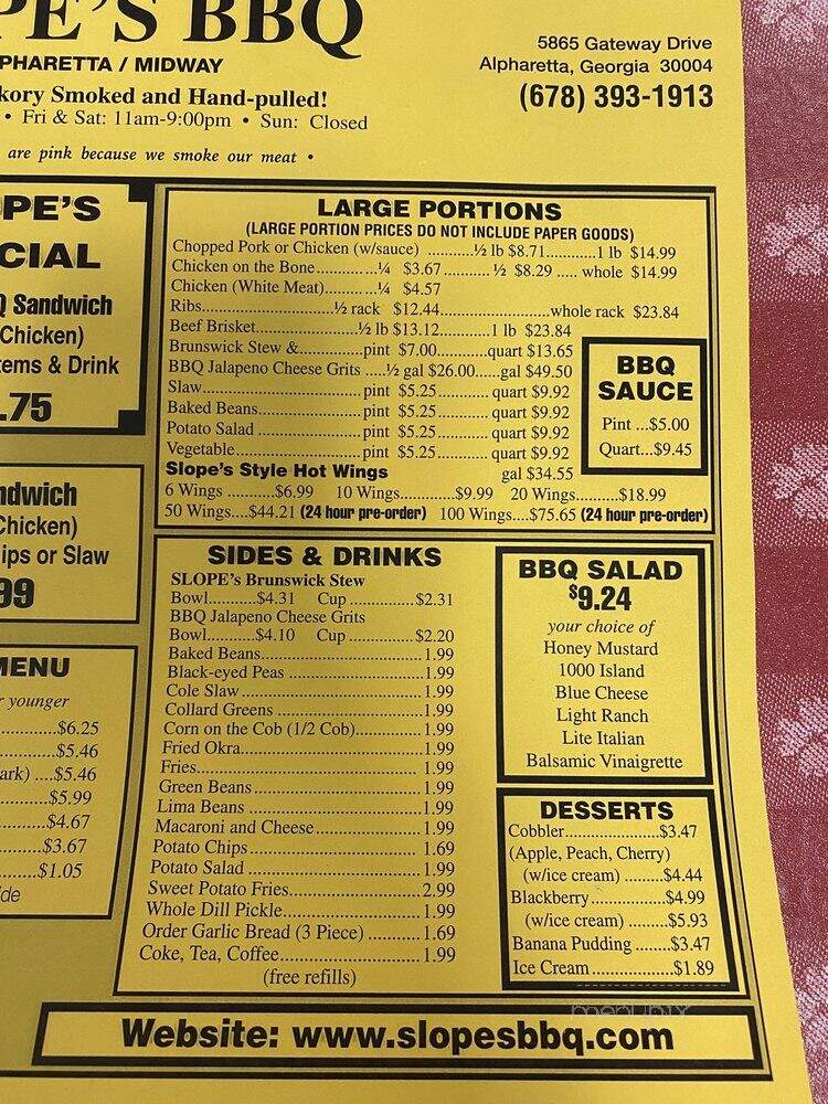 Slope's BBQ - Alpharetta, GA menu_pic