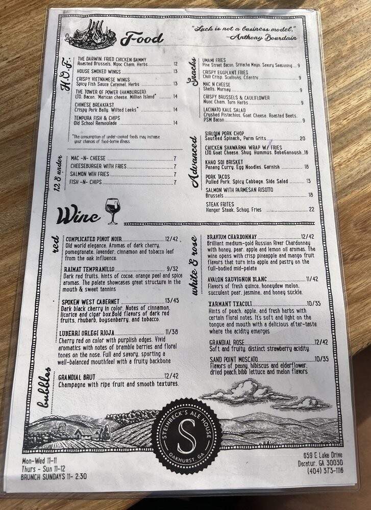 Steinbecks Restaurant - Decatur, GA menu_pic