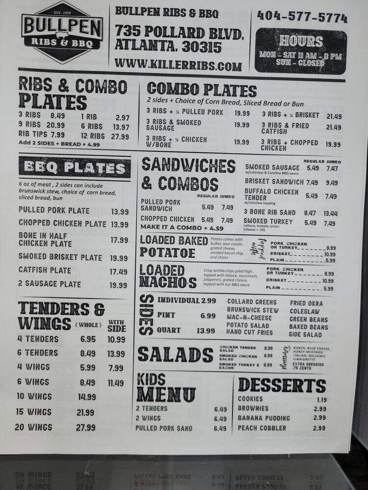 Bullpen Rib House - Atlanta, GA menu_pic