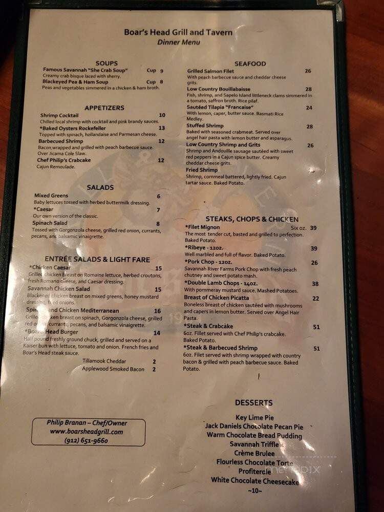 Boar's Head Grill & Tavern - Savannah, GA menu_pic