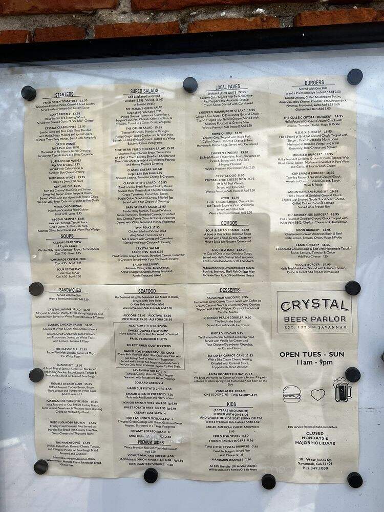 Crystal Beer Parlor - Savannah, GA menu_pic