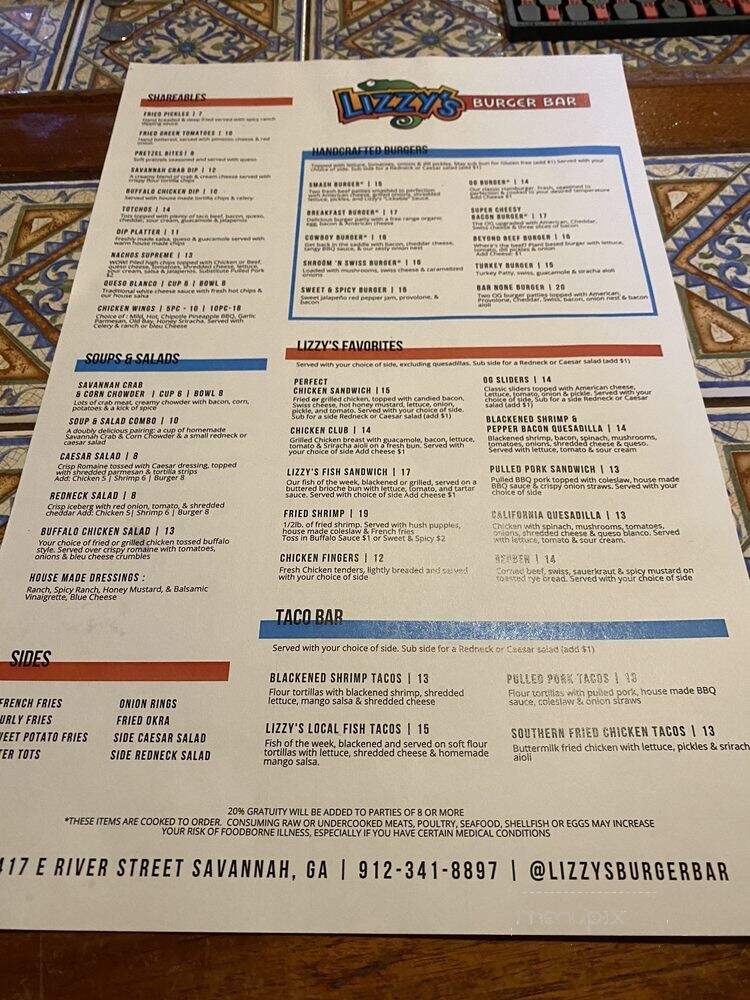 One Eyed Lizzy's - Savannah, GA menu_pic