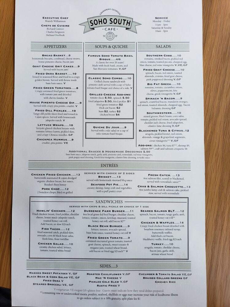 Soho South Cafe - Savannah, GA menu_pic