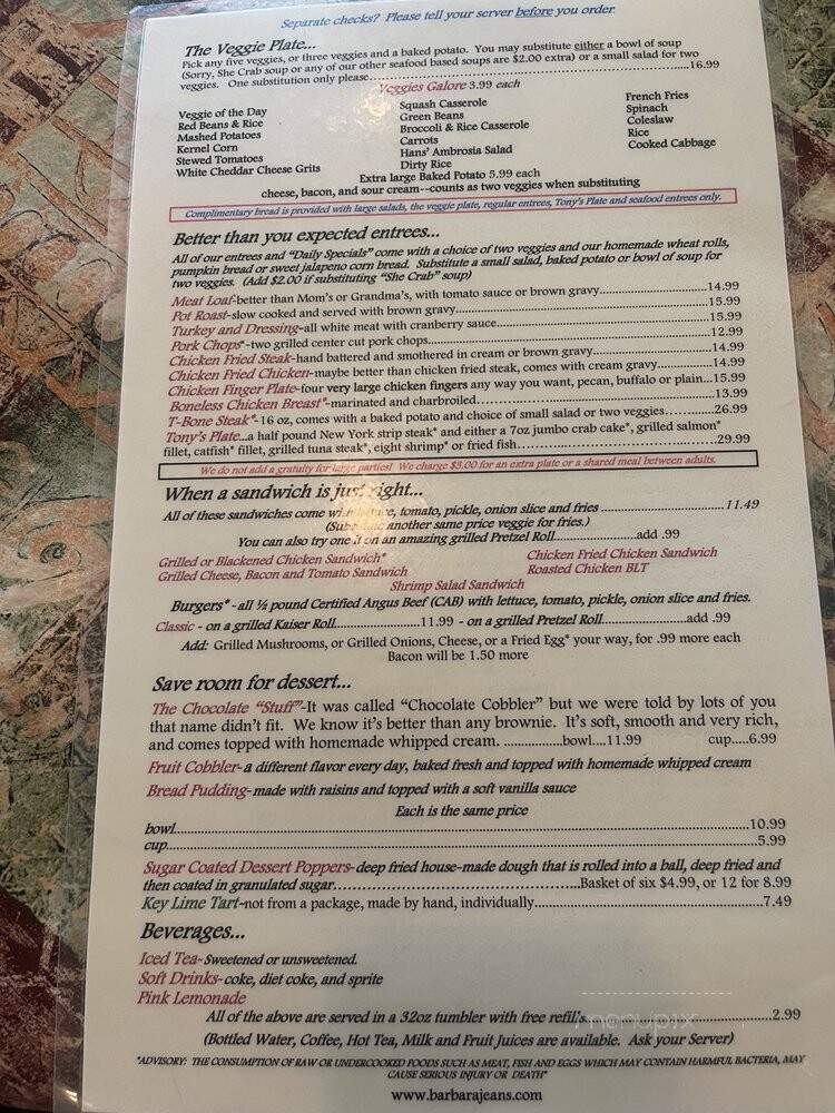 Barbara Jean's Restaurant - Savannah, GA menu_pic