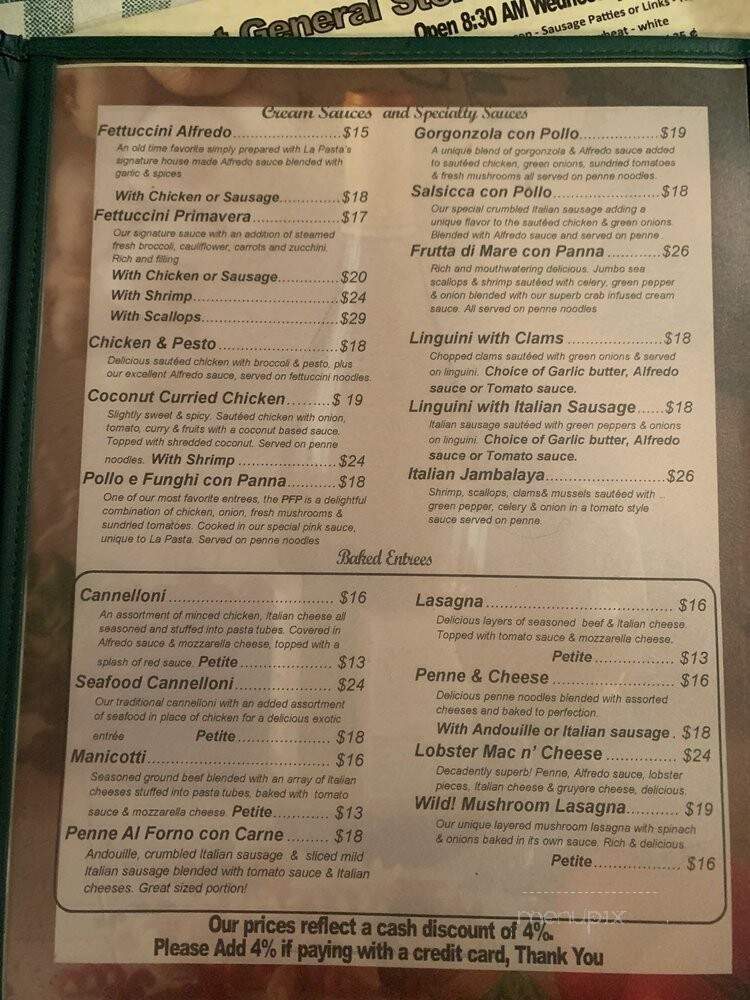 La Pasta Eatery - Park Rapids, MN menu_pic