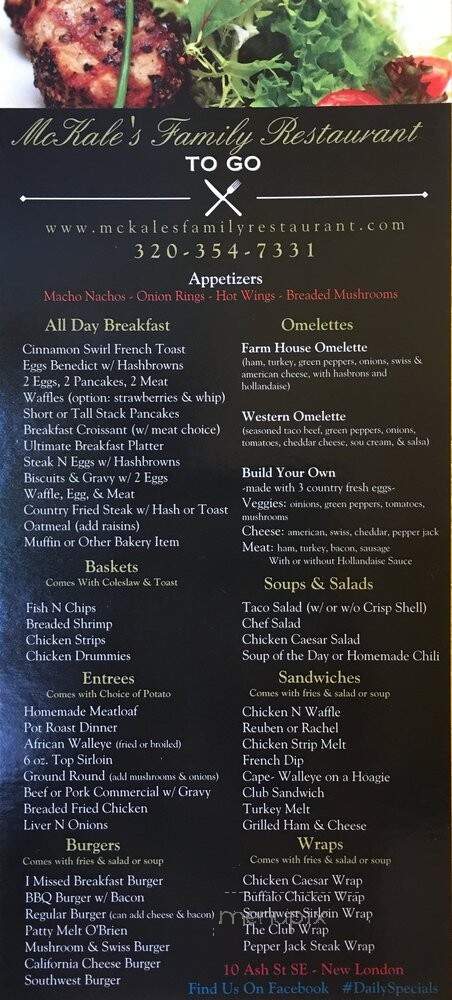 McKale's Family Restaurant - New London, MN menu_pic