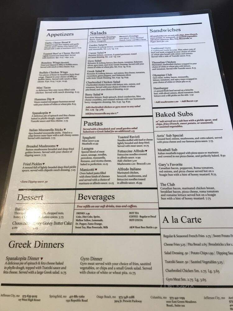 Arris Pizza & Pub - Osage Beach, MO menu_pic