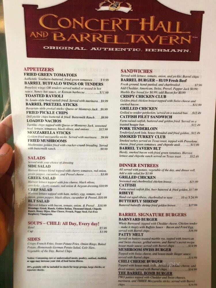 Concert Hall & Barrel Bar - Hermann, MO menu_pic