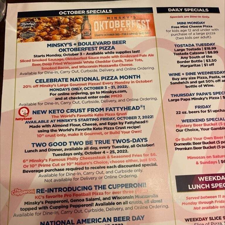Minsky's Pizza - Kansas City, MO menu_pic
