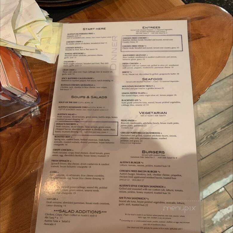 Austin's Mountain Country Food & Spirits - Incline Village, NV menu_pic