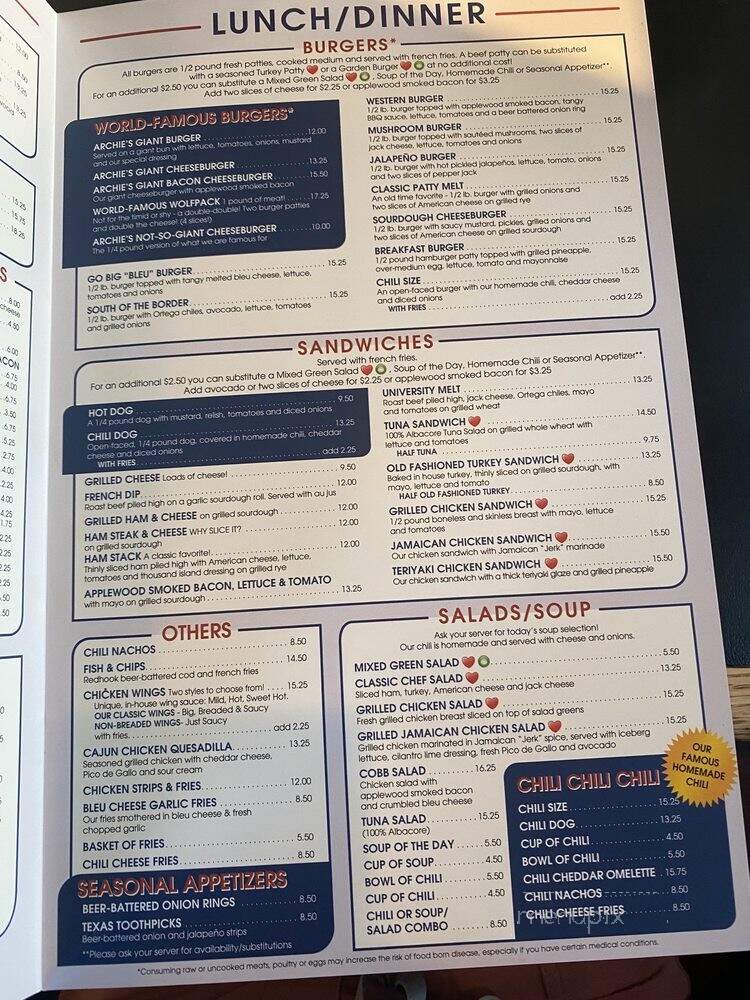 Archie's Famous Grill - Reno, NV menu_pic