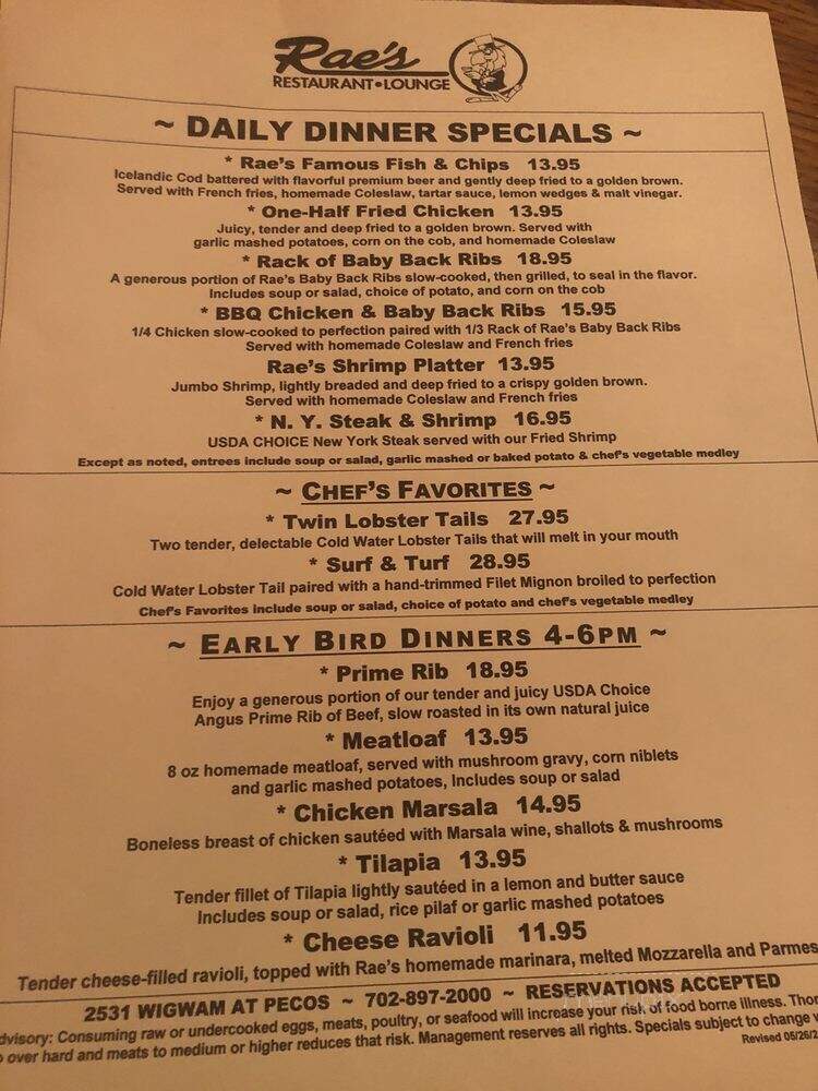 Rae's Restaurant & Lounge - Henderson, NV menu_pic