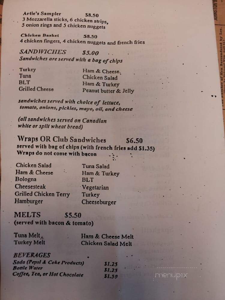 Arties Place Restaurant - Moultonborough, NH menu_pic