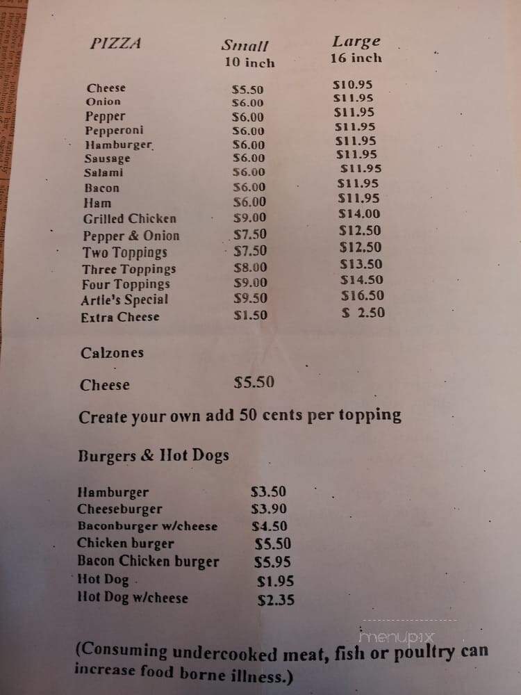 Arties Place Restaurant - Moultonborough, NH menu_pic