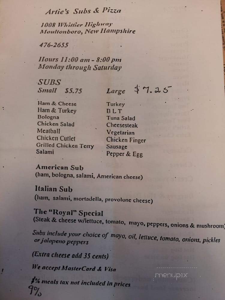 Arties Place Restaurant - Moultonborough, NH menu_pic