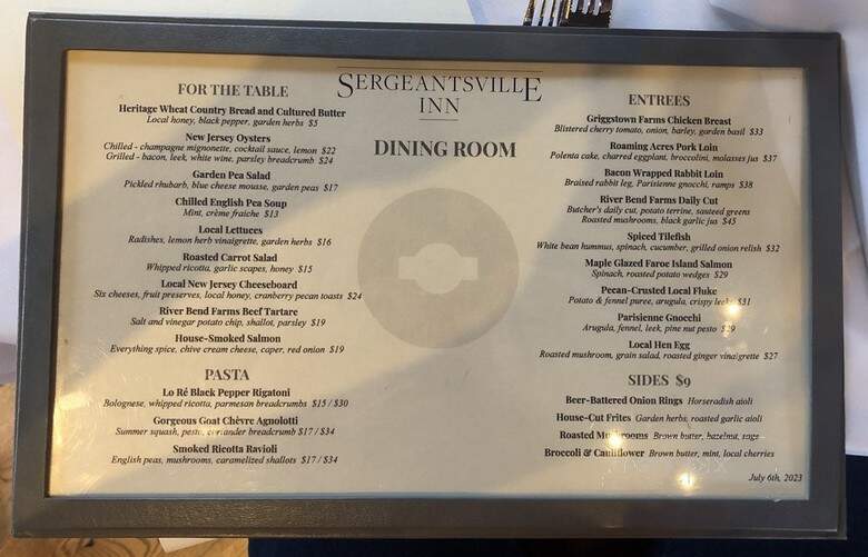 Sergeantsville Inn - Sergeantsville, NJ menu_pic