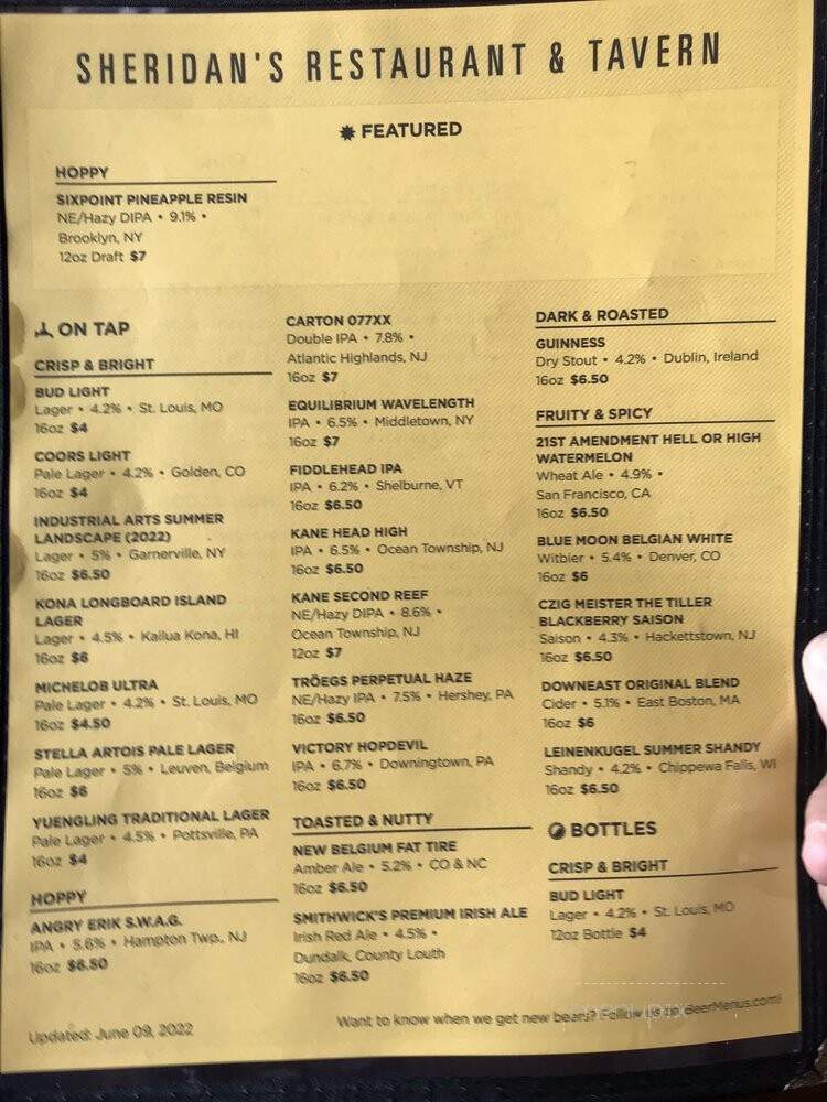 Sheridan's Lodge - Newton, NJ menu_pic