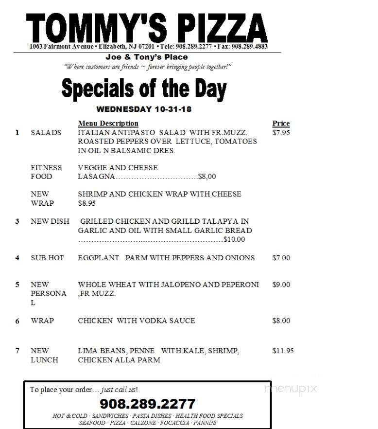 Tommy's Pizzeria & Restaurant - Elizabeth, NJ