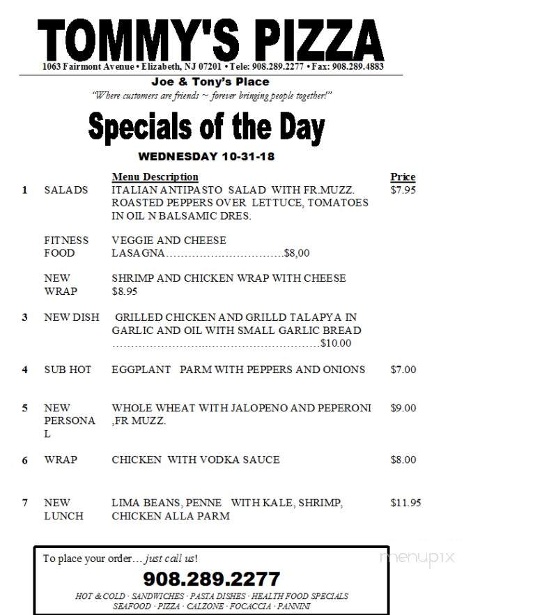 Tommy's Pizzeria & Restaurant - Elizabeth, NJ menu_pic