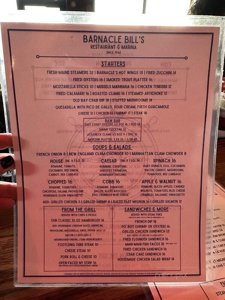 Barnacle Bill's Marina - Rumson, NJ menu_pic