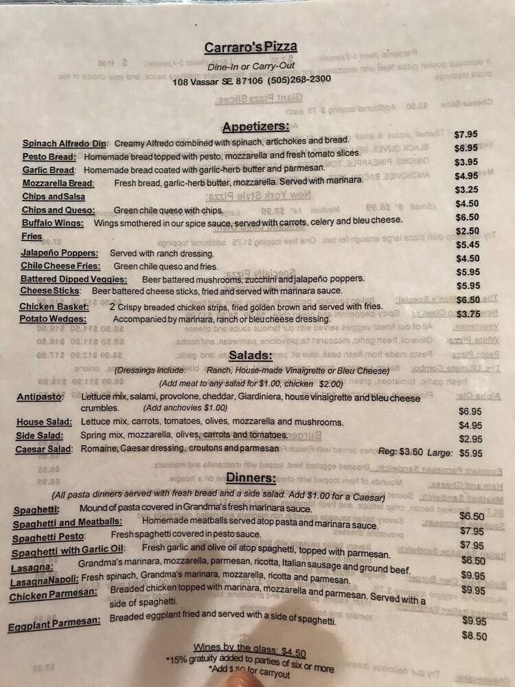 Carraro's Pizza & Italian Rest - Albuquerque, NM menu_pic