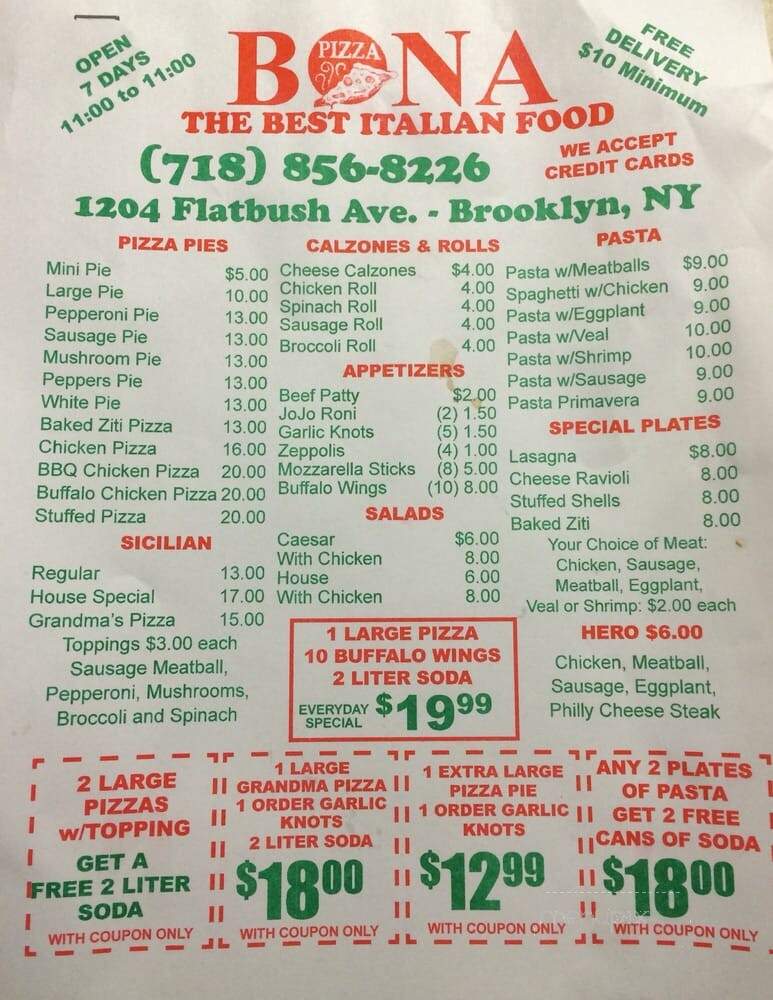 Bona Pizza - Brooklyn, NY menu_pic