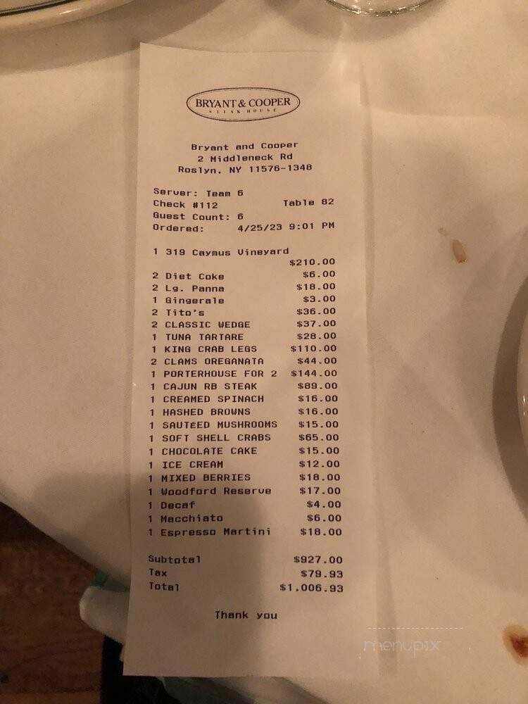 Bryant & Cooper Steak House - Roslyn, NY menu_pic
