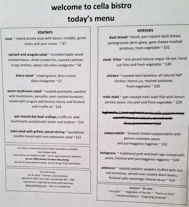 Cella Bistro Reservation - Schenectady, NY menu_pic