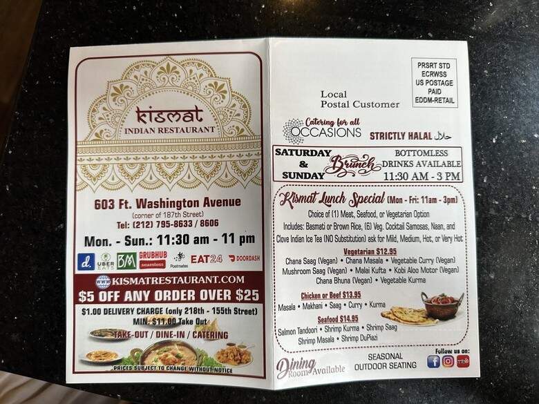 Kismat Indian Restaurant - New York, NY menu_pic