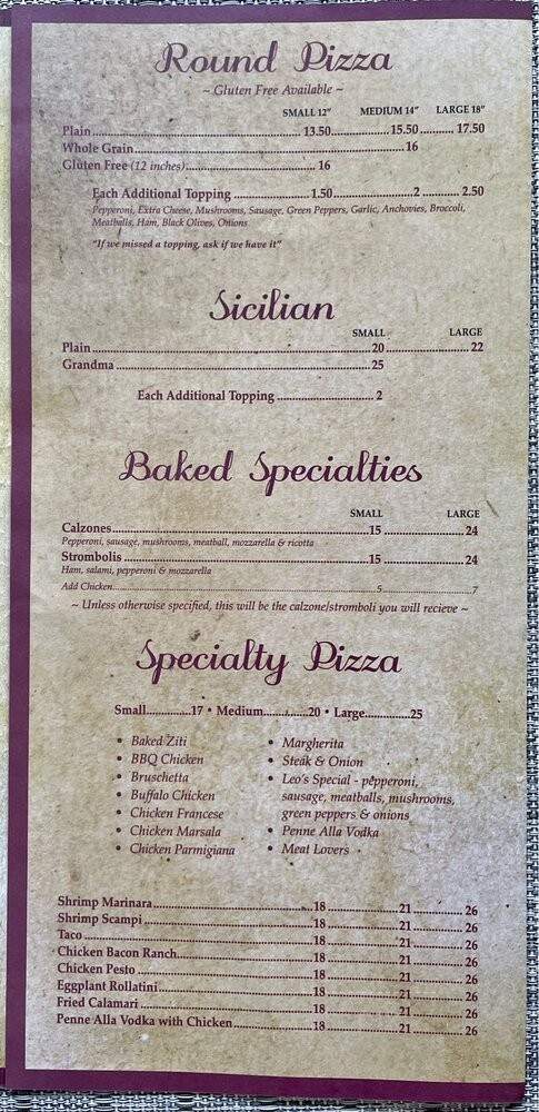 Leo's Restaurant & Pizzeria - Wappingers Falls, NY menu_pic