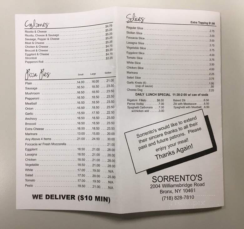 Sorrento Pizzeria - Bronx, NY menu_pic