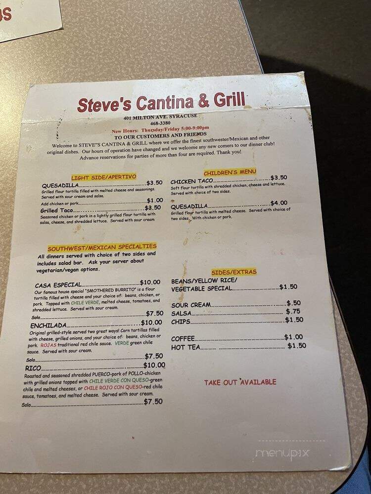 Steve's Restaurant - Syracuse, NY menu_pic