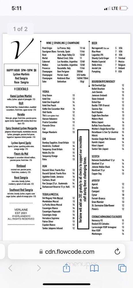 Verlaine - New York, NY menu_pic