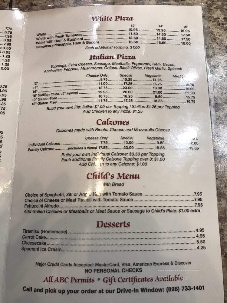 Italian Pizza & Pasta Restaurant - Newland, NC menu_pic